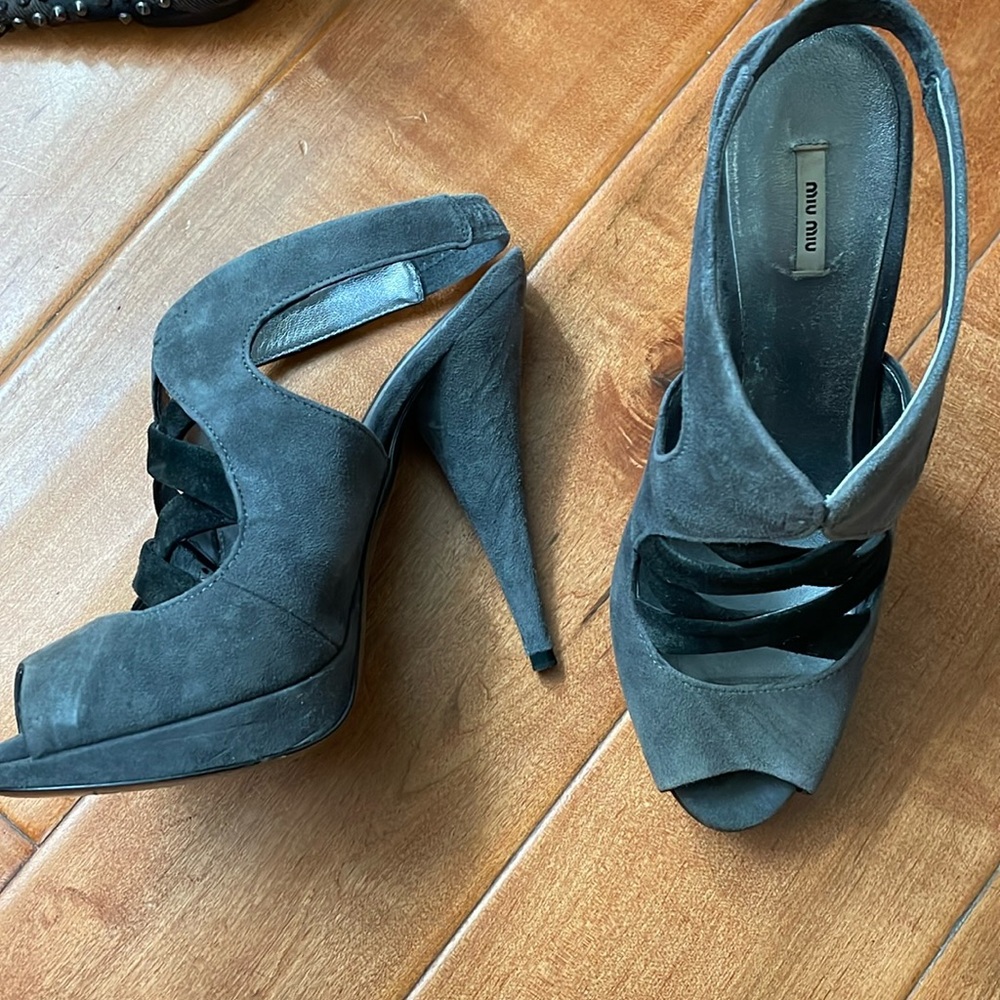 Suede Miu Miu slingbacks with cutout sides and cross-cross straps